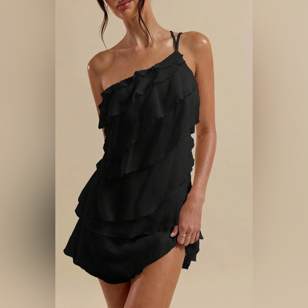 Women’s Chic Black Layered One Shoulder Ruffled Mesh Mini Dress